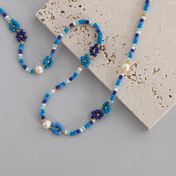 Elsa - Colorful Beads Flower and Pearl Blue Necklace  | Timi of Sweden